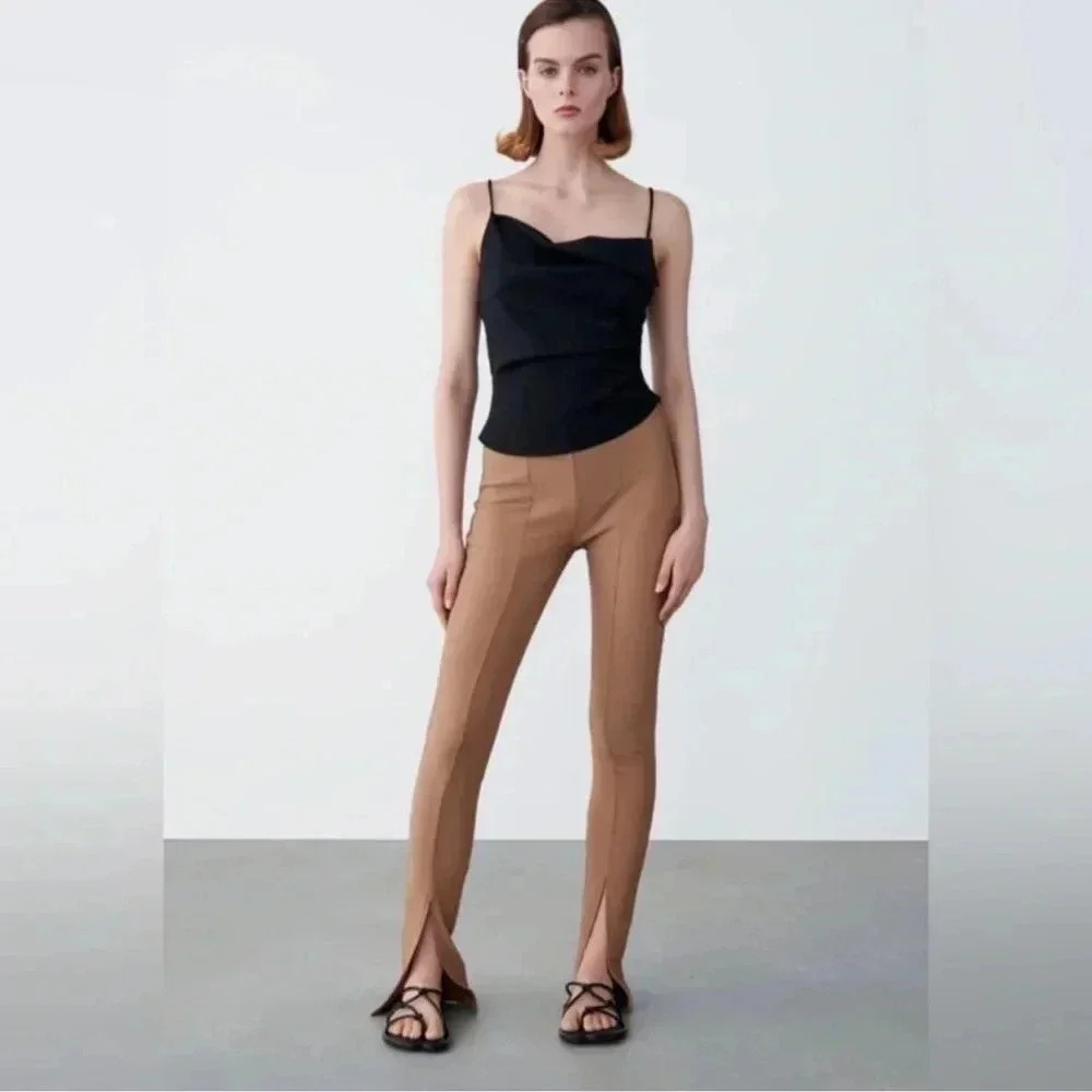 Zara Split Leg Hi-Rise Pull-On Legging Tan Women’s Size Small NWT - Picture 3 of 12